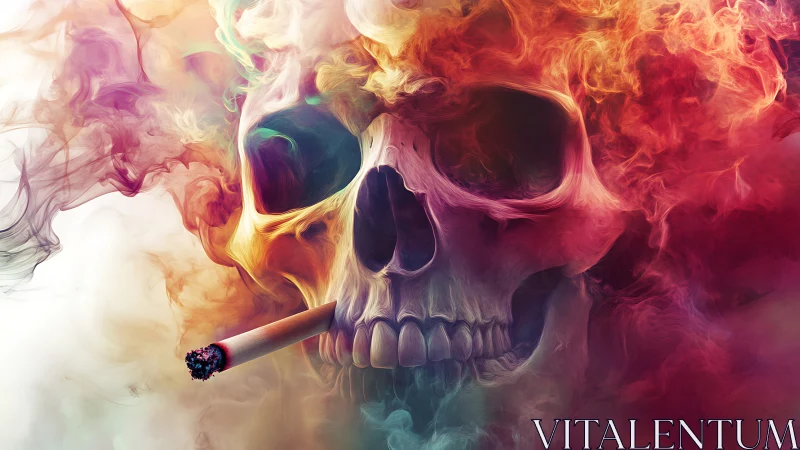 Flaming skull exhales swirling chromatic smoke from cigarette