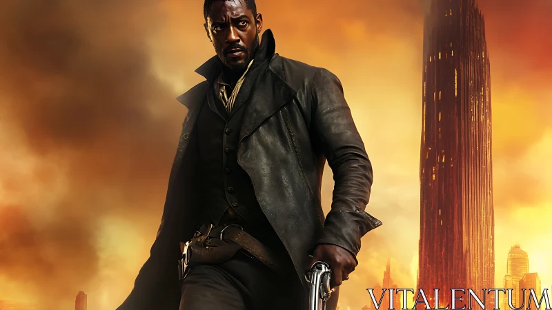 Gun-slinging guardian strides through burning future city.