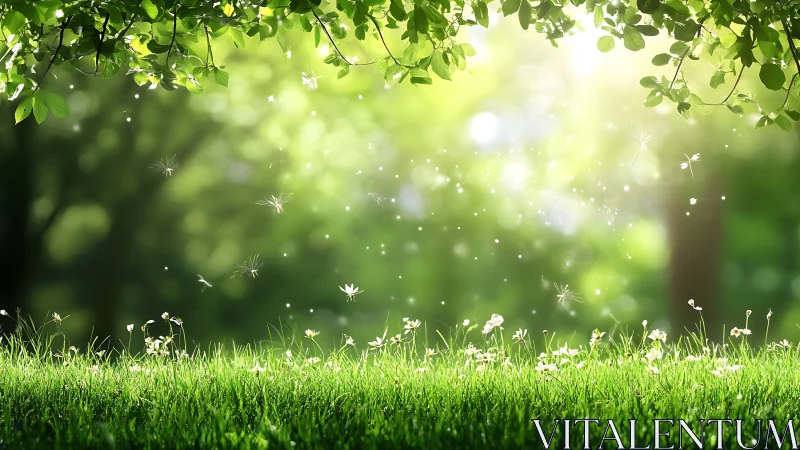 Sunlit grass field with tree canopy and floating seeds.