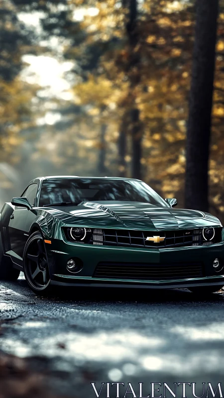 Sleek green muscle car glowing on a quiet forest road.