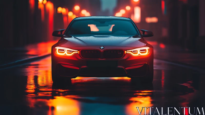 BMW sports sedan in neon-lit rain-soaked urban streetscape.