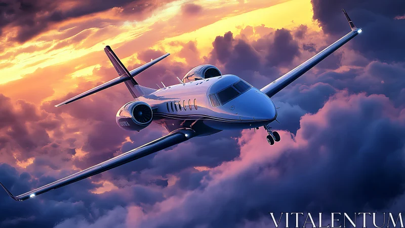 Digital painting of private jet piercing sunset cumulonimbus.