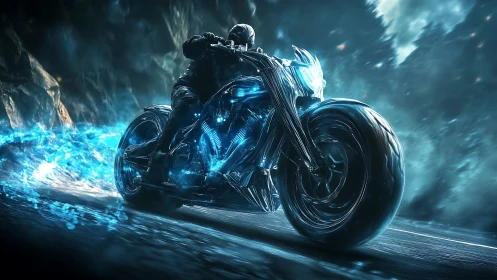 Neon storm rider carving blue fire across a void highway.