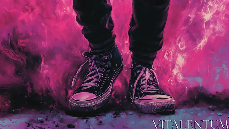 Digital painting of sneakers in neon magenta vapor field.