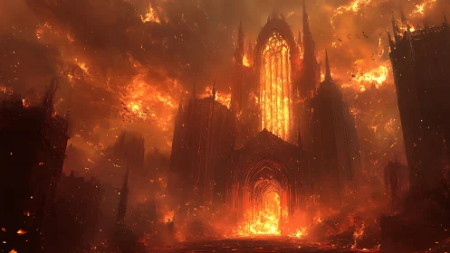 Gothic cathedral engulfed in intense flames and smoke