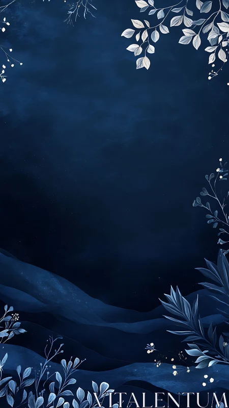 Midnight blue background with white botanical border elements.
