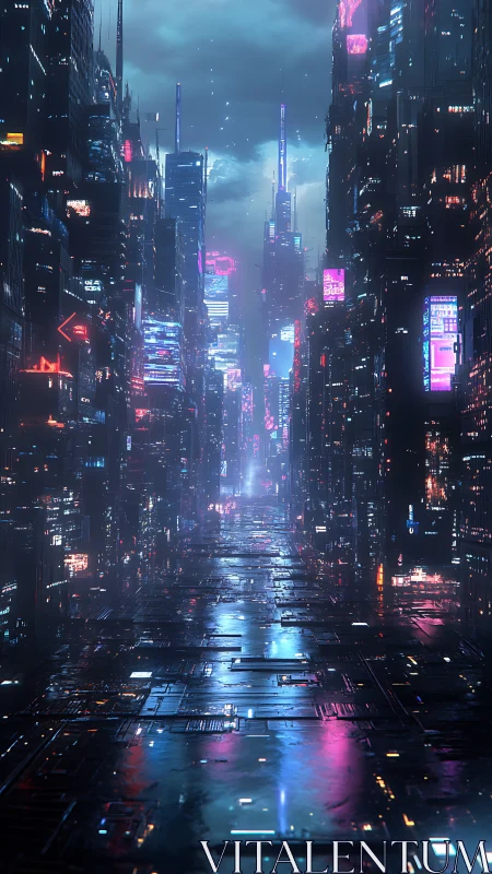 Neon lit futuristic city corridor recedes under stormy clouds
