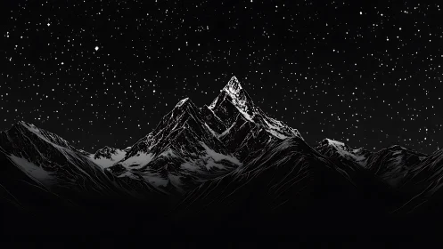 Jagged mountain peaks rise in stark silence under starry night