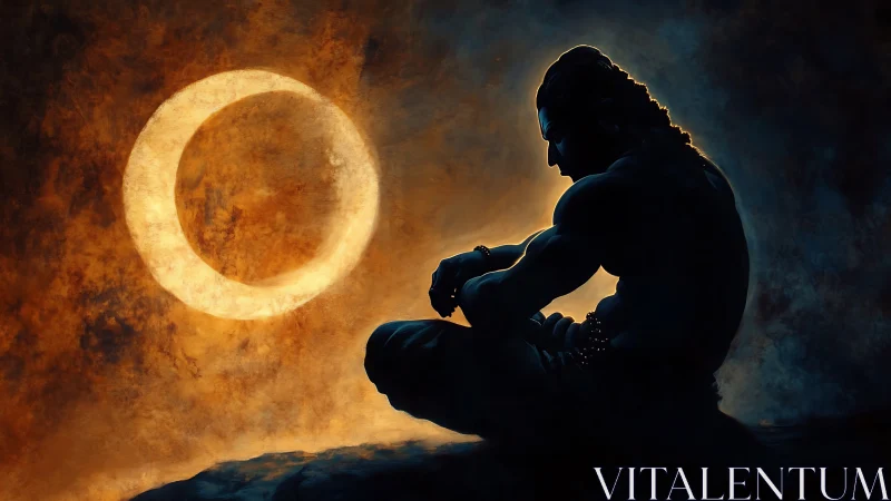 Eclipsed warrior meditates beneath a burning celestial halo.