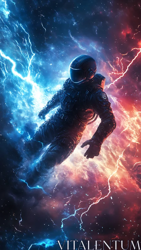 Astronaut suspended between bifurcated plasma storm fields.