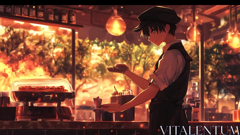 Young café vendor serves snacks at warm sunset stall.