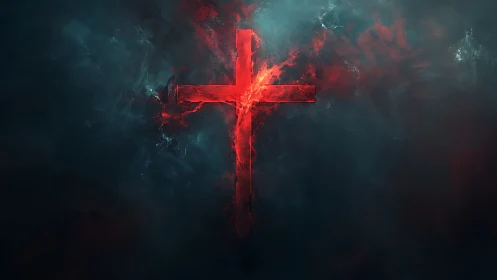 Red luminous cross is centered in a dark nebulous field