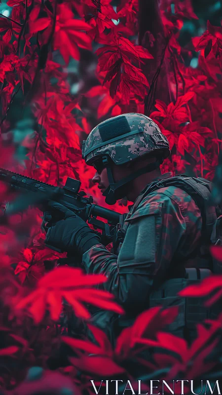 Soldier in camouflage gear amid dense red foliage.