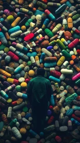Solitary figure stands amid overwhelming sea of capsules.
