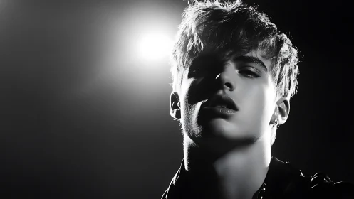 Moody black and white portrait bathed in soft studio glow.