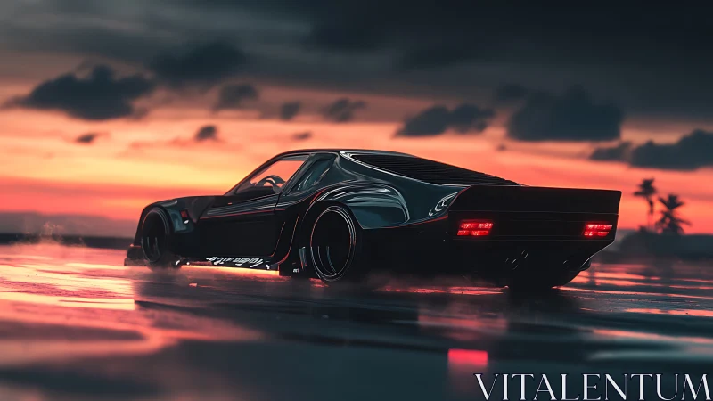 Midnight muscle machine stalking neon-soaked ocean dusk.