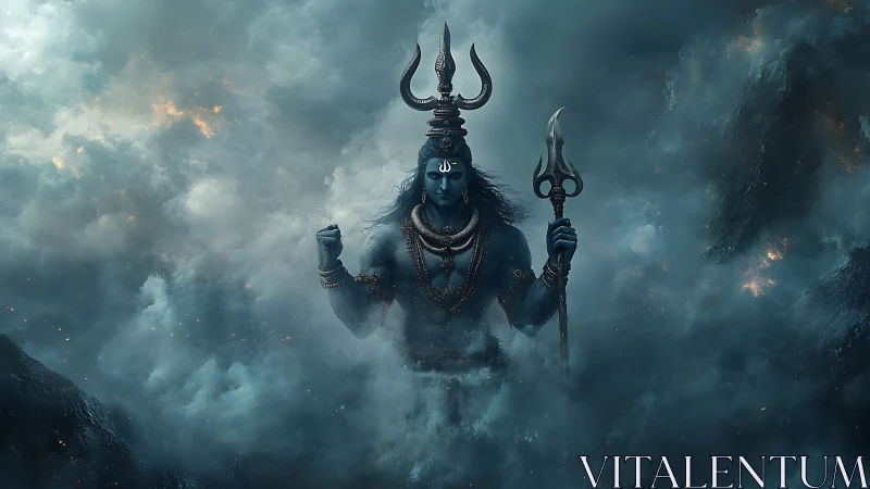 Divine blue deity strides through storm clouds with sacred power