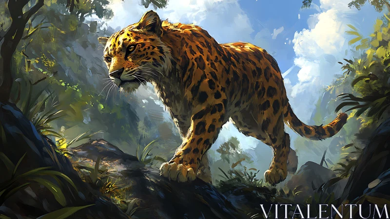 Spotted big cat prowls lush forest with muscular predatory stance