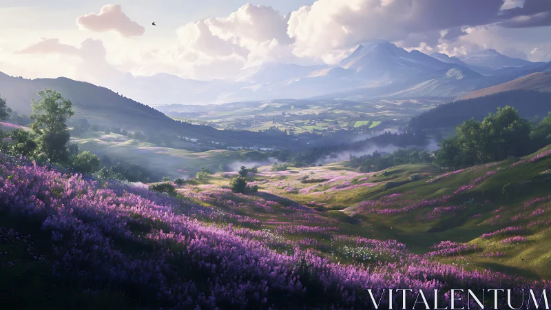 Lavender valleys breathe under daybreak’s wandering mountains.