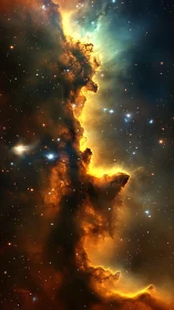 Stellar firewall curls upward while newborn stars quietly spark