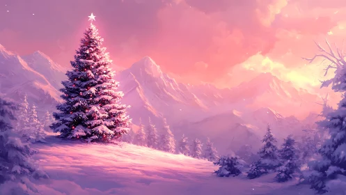 Snowy Christmas tree glowing beneath a rose winter sky.