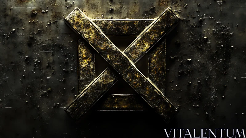 Rust-scarred golden X locking a shadowed metal portal.