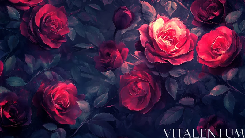 Layered rose composition with backlighting and dark foliage background.
