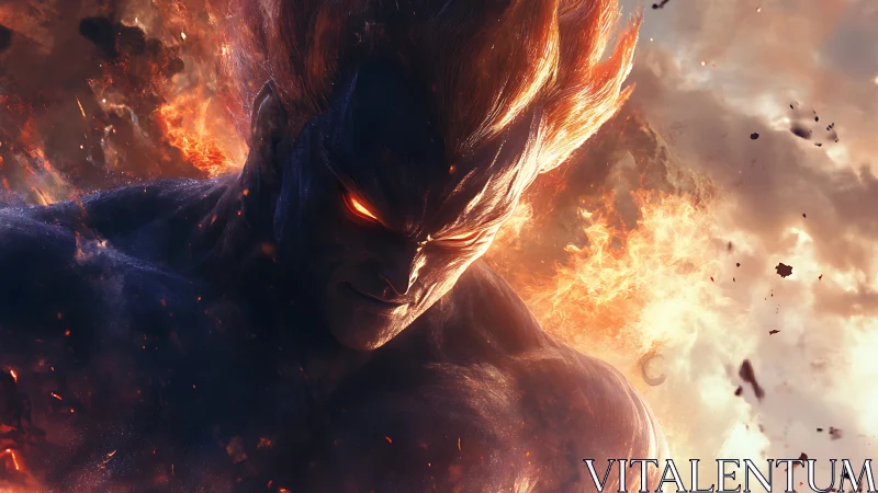 Fiery humanoid figure with glowing eyes in explosive flames.