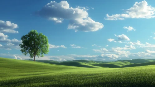 Lone green tree on rolling grassy hills under blue sky.