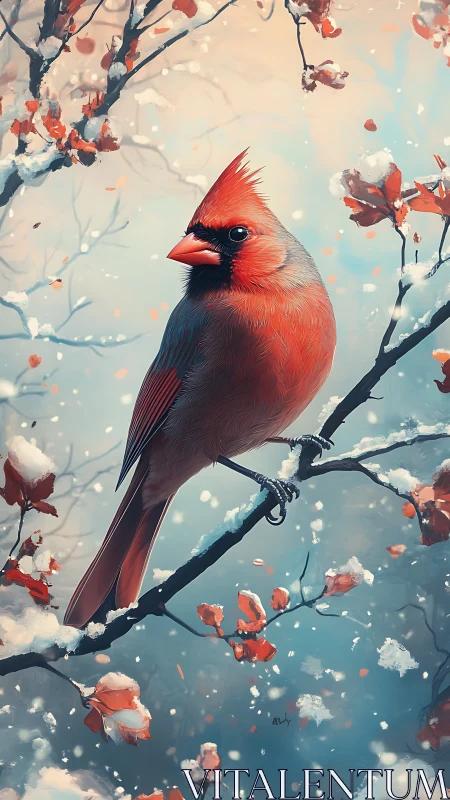 Scarlet cardinal royalty perched in a swirling winter dream.