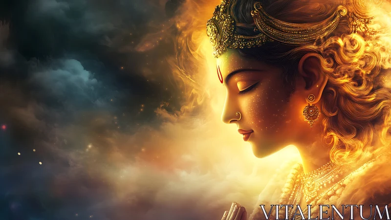 Divine golden goddess in radiant celestial side profile.