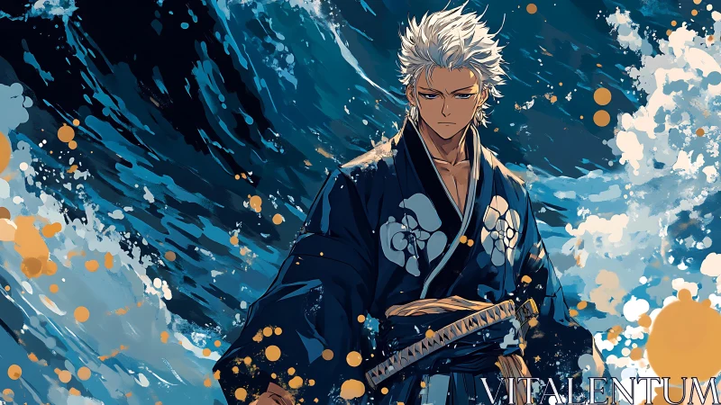 Stormbound samurai with silver hair amid crashing waves.
