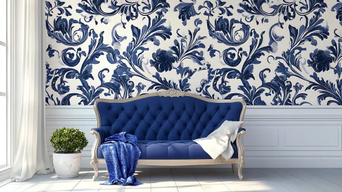 Midnight-blue sofa lounges beneath swirling baroque blooms