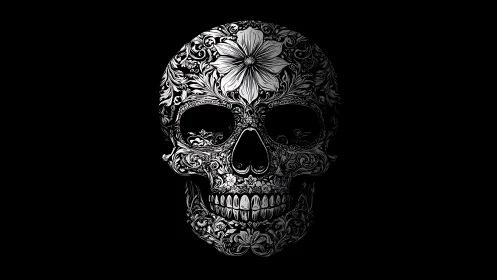 Ornate monochrome skull with floral engravings on black.