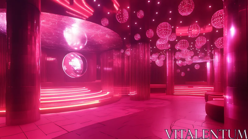 Neon pink futuristic nightclub interior with glowing orbs.