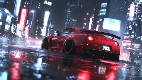 Midnight red street racer gliding through neon city rain.