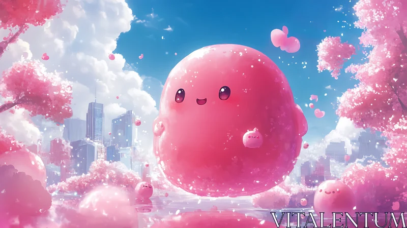 Pink bubble creatures float over a candy-colored cityscape.
