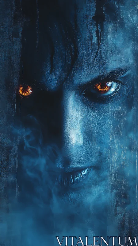 Blue tinted male face with glowing orange eyes in smoke.