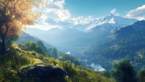 Sunlit alpine valley opens toward distant snowy peaks.