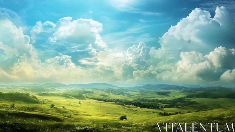 Expansive rolling grassland rendered under volumetric cumulus clouds