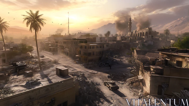 Sunlit war-damaged Middle Eastern city with volumetric smoke and dust