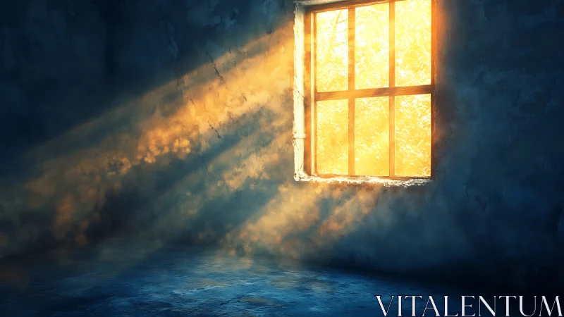 Sunlit window casting golden rays into dark room.