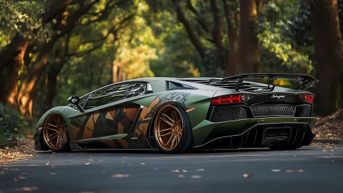Modified green supercar with camo wrap on forest road.