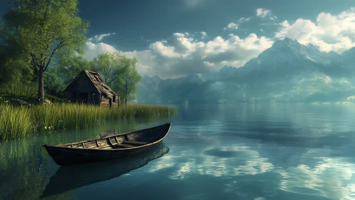 Tranquil wooden boat on misty alpine lakeshore morning.