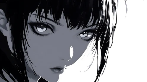 Monochrome close-up anime portrait with reflective eyes