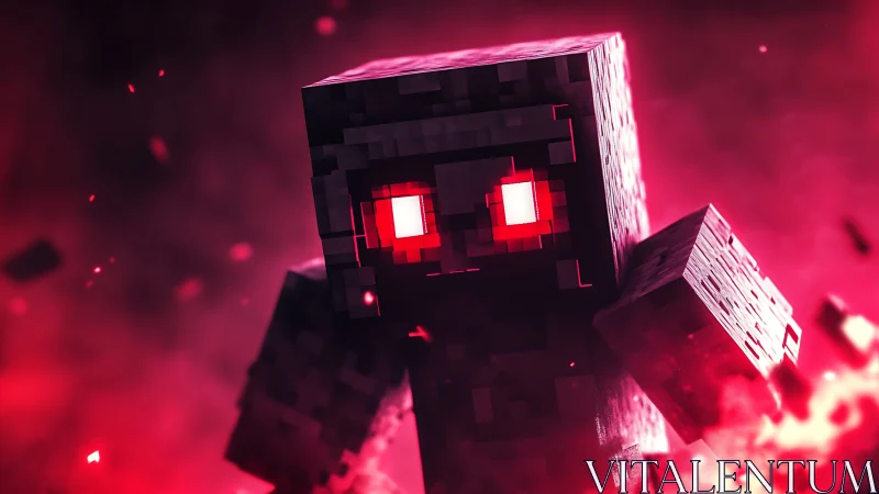 Glowing red-eyed voxel monster emerges from swirling chaos.