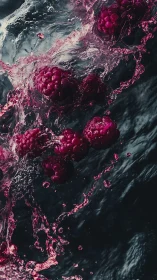 Raspberries plunge through dark water with vivid pink splash