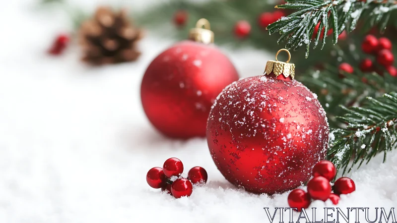 Red Christmas baubles with snow-dusted fir branches on white.