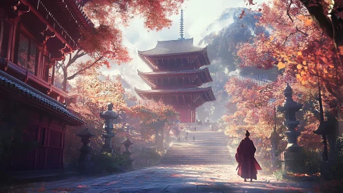 Autumn temple courtyard with pagoda and solitary figure.