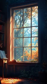 Autumn light through tall studio window over forest view.